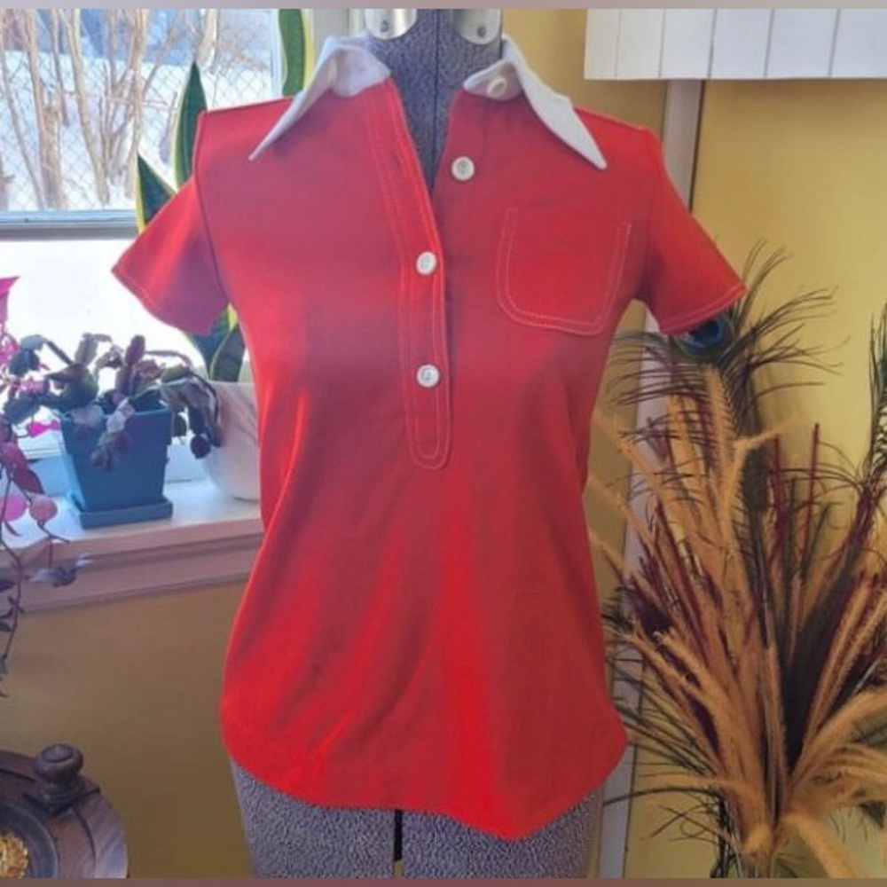 Vintage 1970's Retro Red Poly shirt, white buttons, collar, patch pocket. US4